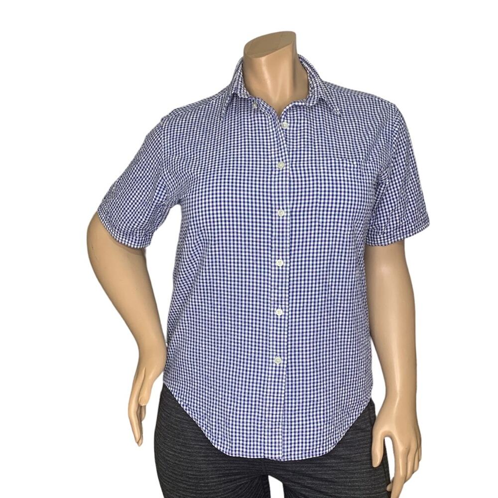 LANDS' END Plaid Collared Shirt Short Sleeve Blue and White Button Down Size L
